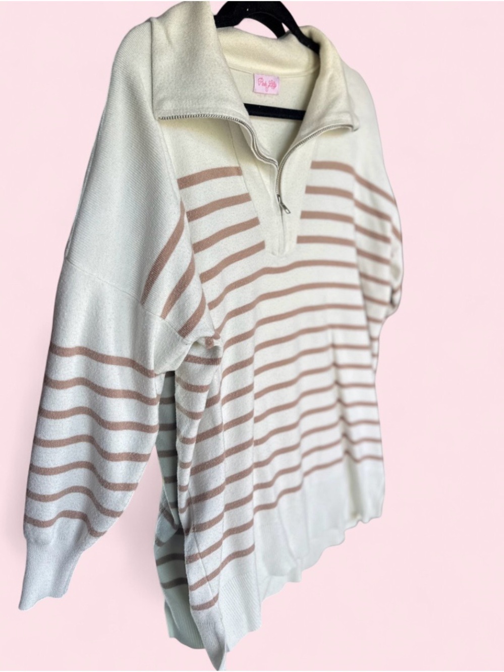 Striped Half-Zip Sweater in Cream and Taupe - Women